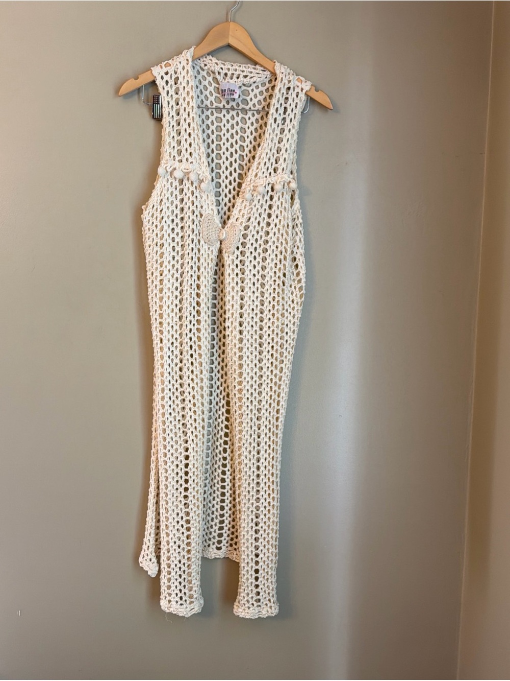 Vtg Top Line Cream Cardigan Vest Sleeveless Beach Bohemian Festival Open Weave